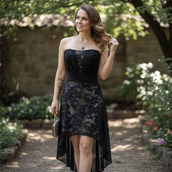 Shop WTD ✦ Strapless Lace Mini Dress ✦ Nude Lining w/ Chiffon Overlay & High-Low - Picture 15 of 17